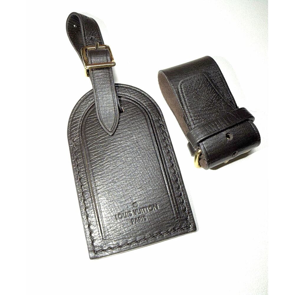 Louis Vuitton Dark Brown Luggage Tag w/ Strap 1 Set Grained Leather Gold-tone